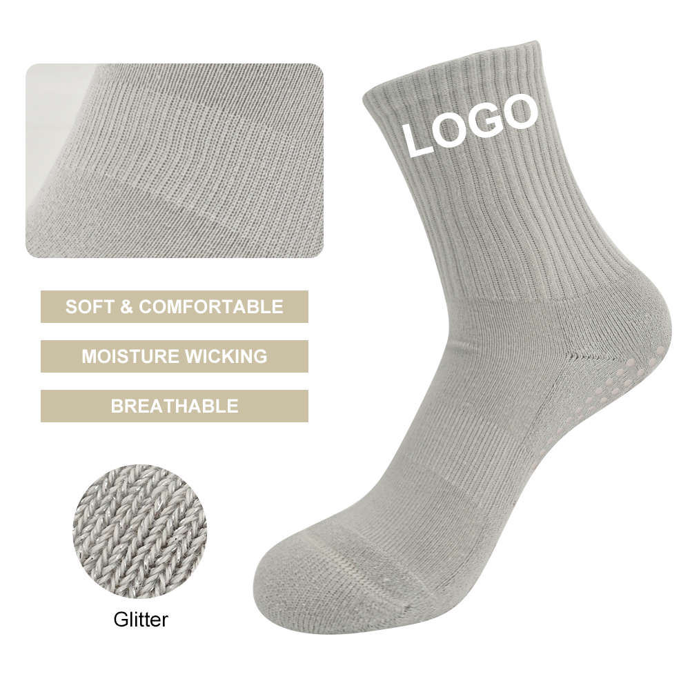 Grey ribbed custom Pilates grip sock with silver metallic yarn