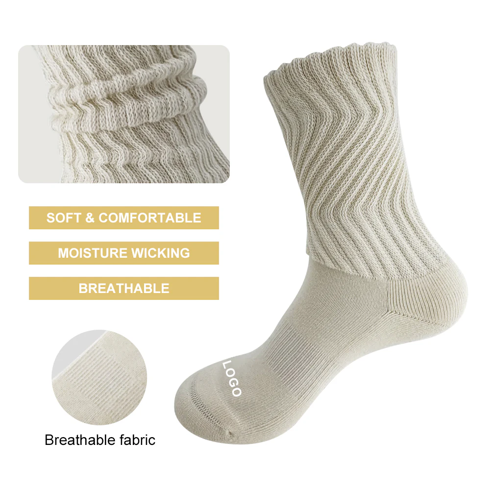 Original product image showing a cream Slouch Rib Crew sock with a gathered rib-knit leg and knit detail close-ups